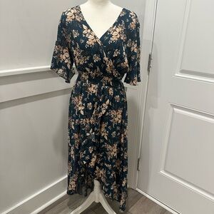 Coquette Prairie Floral Midi Dress V- neck and ruffle front opening. Cottagecore